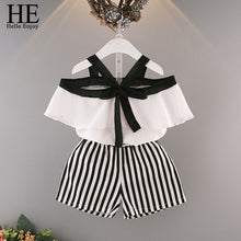 Load image into Gallery viewer, HE Hello Enjoy Summer Girls Clothes Sets Children's Clothing Fashion Girl Shirt Top+Striped Shorts Suits 2019 Kids Clothing 2pcs