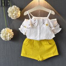 Load image into Gallery viewer, HE Hello Enjoy Summer Girls Clothes Sets Children's Clothing Fashion Girl Shirt Top+Striped Shorts Suits 2019 Kids Clothing 2pcs
