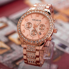 Load image into Gallery viewer, Luxury Iced Out Pave Floating Crystal Quartz Calendar Rose Gold Stainless Steel Watch Girls Gold ladies Hot Sale Flowers brand